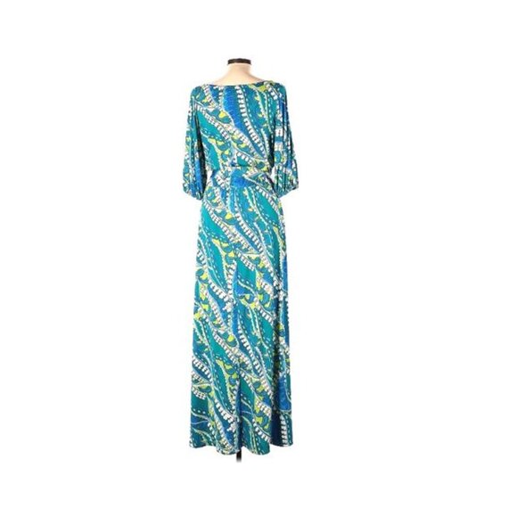 NIKKI POULOS, Turquoise/lime green print cold shoulder maxi Hydra dress - Picture 13 of 15